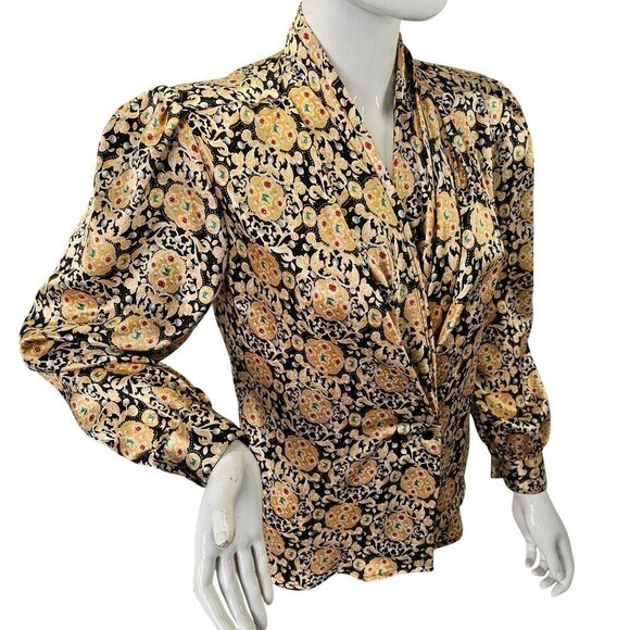 Marlis Petite 90s Satiny Black Gold Double Breast Blouse Size 4P Shawl Collar - Picture 1 of 10